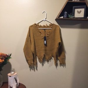 Cropped V-Neck Sweater with Fringed Hems